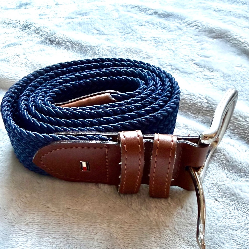 Tommy Hilfiger Belt Mens Size M Navy Blue Braided Woven Leather Trim Casual